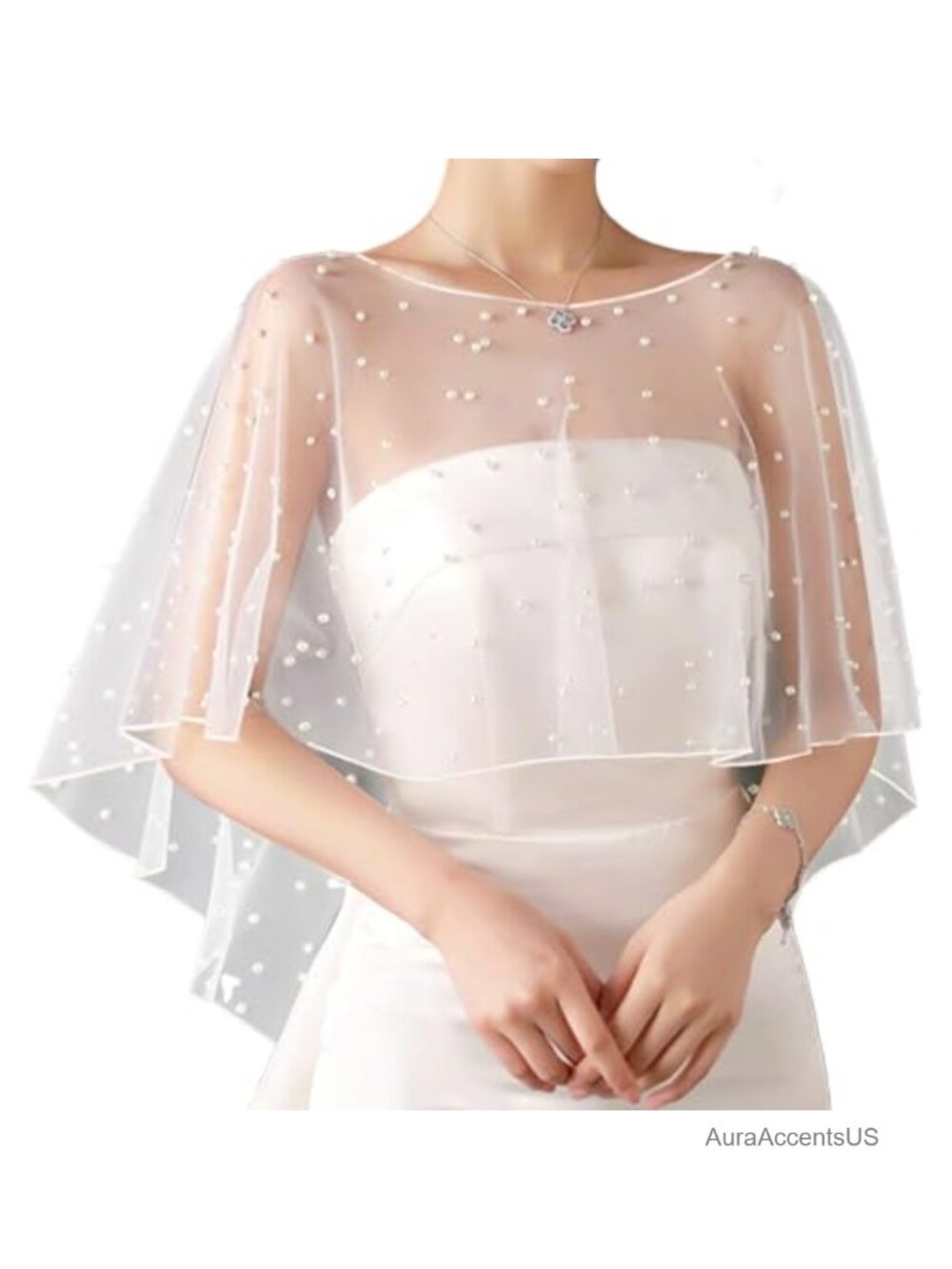 Pearl Shawl Wrap White Bridal Cape Tulle Lace Evening Party Cover Up
